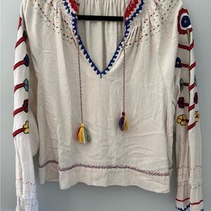 Ulla Johnson Cream Embroidered Boho Peasant Top with Multicolor Tassels